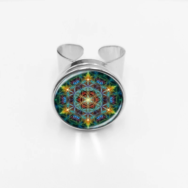 

2019 / Multicolor Flower Life Silver Open Ring Statement Ring Glass Dome Mandala Snap Ring Yoga Jewelry Buddhist Gift