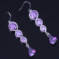 attractive water drop purple cubic zirconia silver plated drop dangle earrings v0211