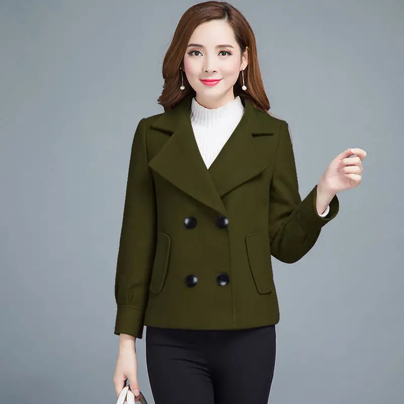 

2019 Woolen coat women's autumn and winter short solid color slim slimming lapel fashion double-breasted woolen coat women coats