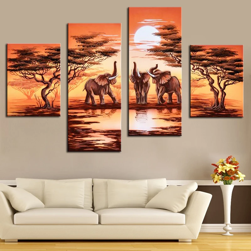 4 Panel Hand Painted Canvas Oil Painting African Safari Modern Landscape Elephant Forest Scenery Wall Pictures No Frame | Дом и сад