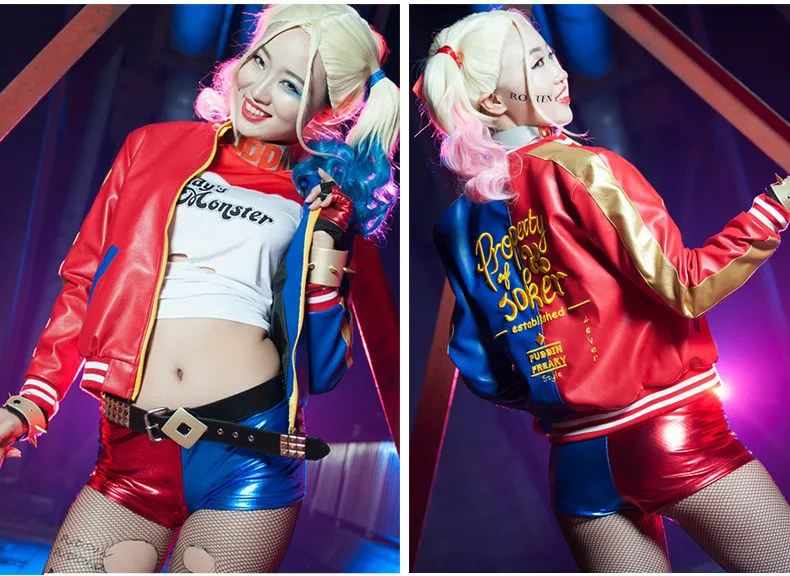 PU jacket Костюм Харли Куинн для косплея, костюм Харли Куинн, нарядная одежда на Хэллоуин для взрослых женщин, сексуальный костюм из фильма, пальто на заказ для рождественской вечеринки - Цвет: PU jacket