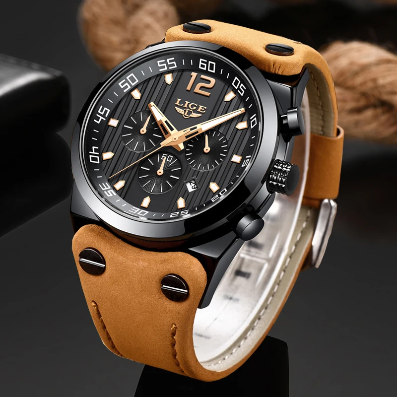 LIGE New Mens Watches Top Brand Luxury Chronograph Men Watch Leather Luxury Waterproof Sport Watch Men Male Clock Man Wristwatch