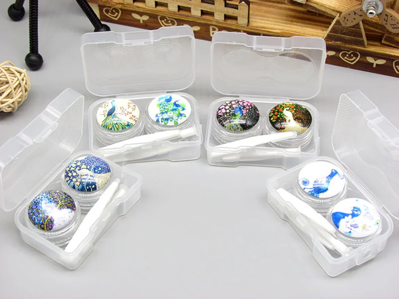 20 компл./лот рисованной Павлин контактные линзы коробка/сопутствующая