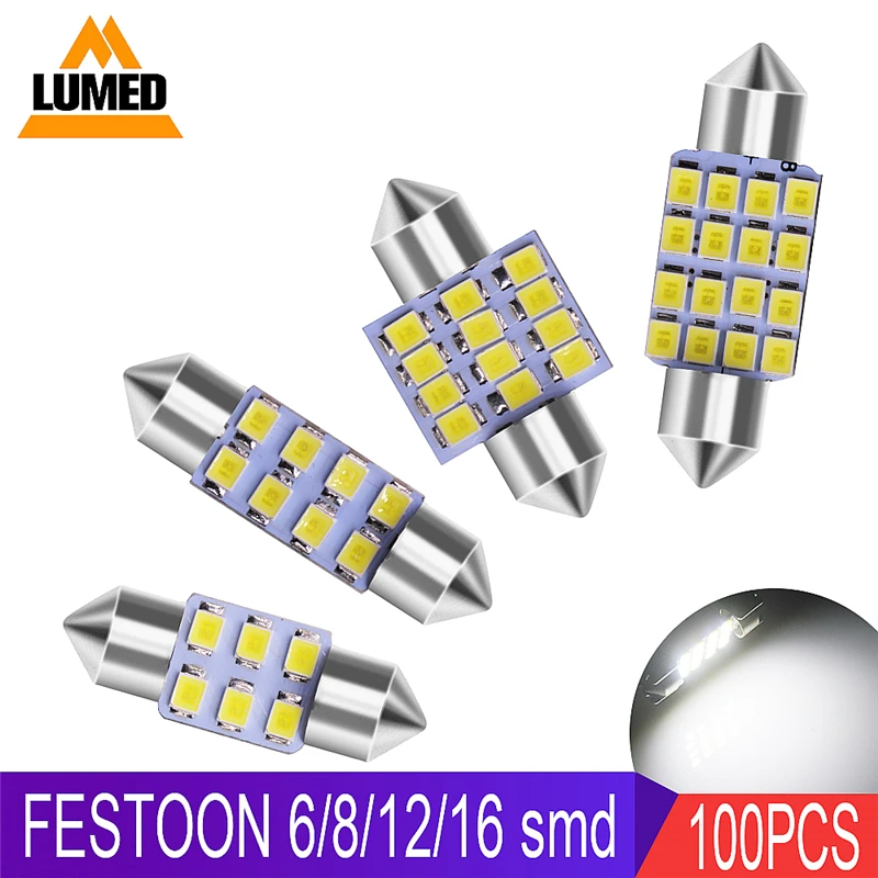 100x фестонная автомобильная светодиодная лампа C5W 2835 6 8 12 16 SMD светильник