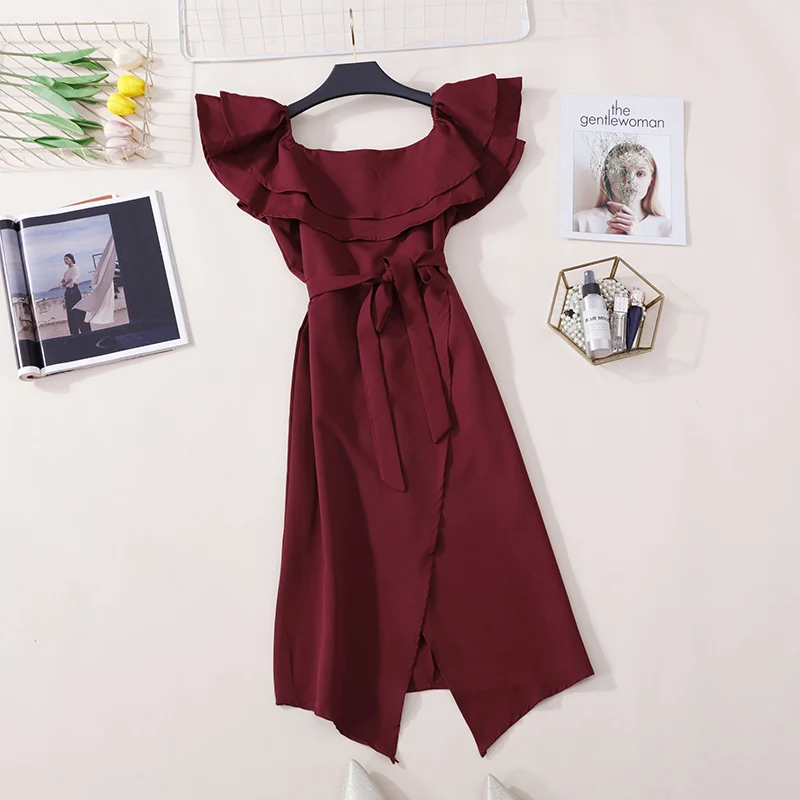 Korobov Korean Double Ruffles Slash Neck Dress Women High Waist Lacing Bow Elegant Dresses Slim Irregular Split Vestidos 77543 | Женская