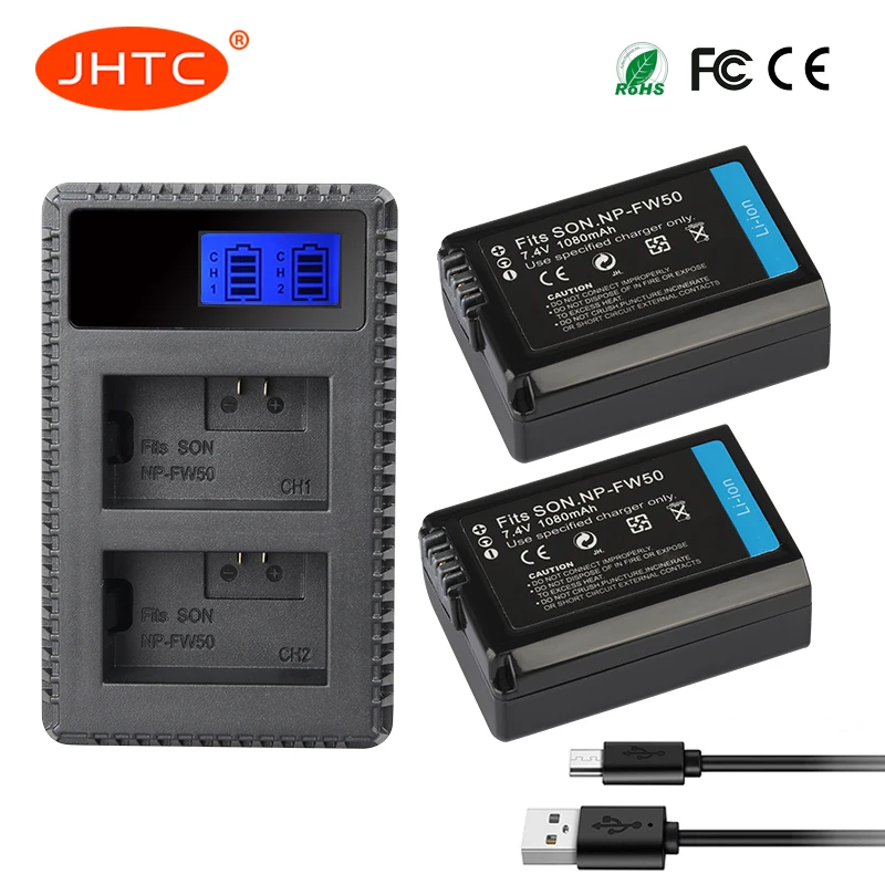

JHTC 2 шт. 1080 мАч NP-FW50 NP FW50 Аккумулятор для камеры + ЖК-дисплей USB двойное зарядное устройство для Sony Alpha a6500 a6300 a6000 a5000 a3000 NEX-3 a7R