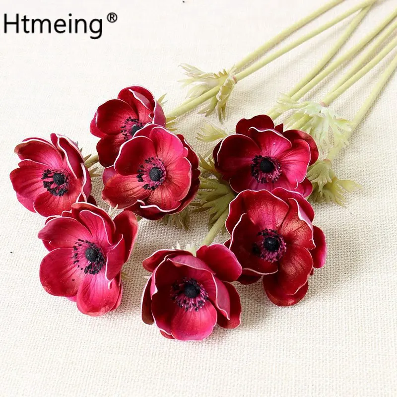 wine red--7pcs 7 шт., искусственные анемоны, цветы, настоящее прикосновение, маковые ветки, Бургундия, центр для свадебных букетов, центральные украшения, сделай сам, украшение дома - Цвет: wine red--7pcs