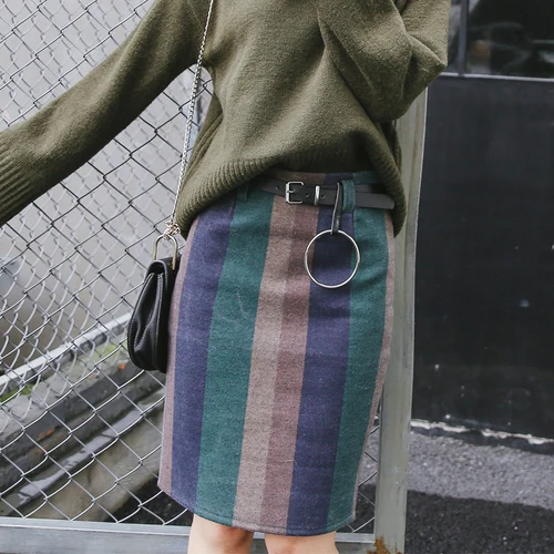 Wnter Skirt Women 2017 England Style Vintage Colorful Striped Slim High Waist Pencil Free Belt faldas mujer B198 | Женская одежда
