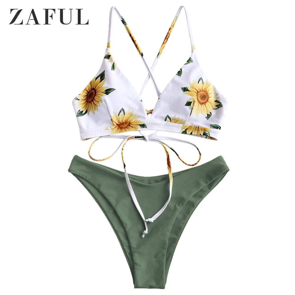 ZAFUL Подсолнечное с принтом на шнуровке Crisscross Бикини Комплект Слитный купальник с цветочным принтом Пуш Ап Купальный костюм для женщин Мягкий купальный костюм - Цвет: Camouflage Green