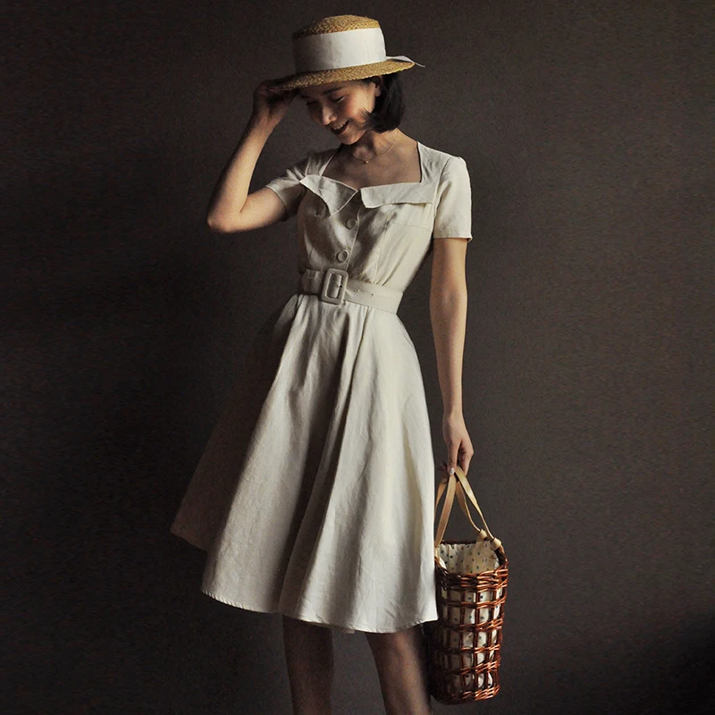 

Vadim Summer Women Vintage Royal Elegant Slim Square Collar Hepburn Style Cotton Linen Knee-Length Dress Vestidos Verano 2020