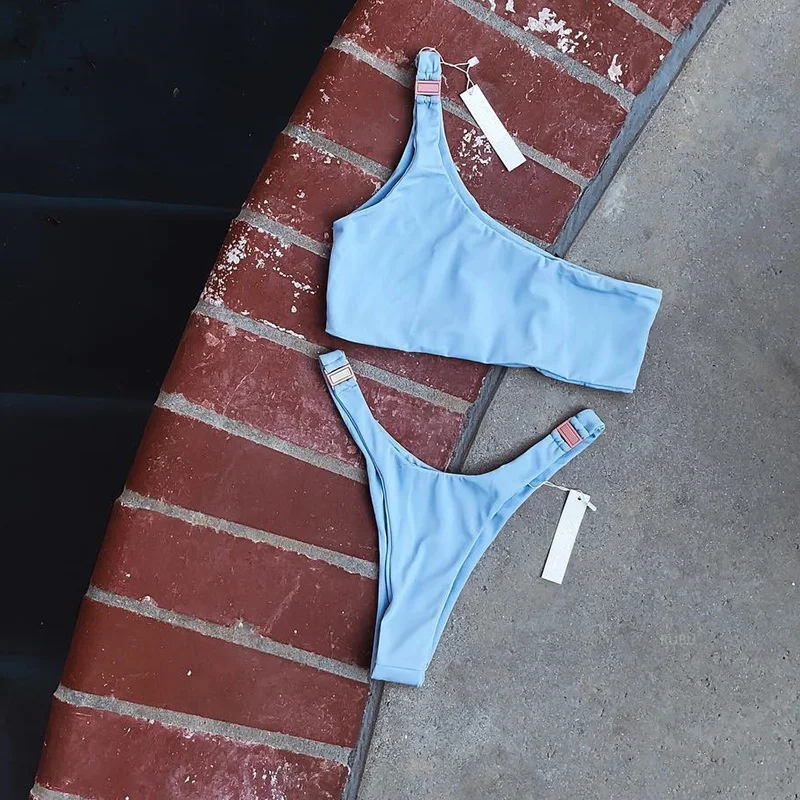 Соблазнительное бикини на одно плечо 2019 купальник Женский однотонный белый