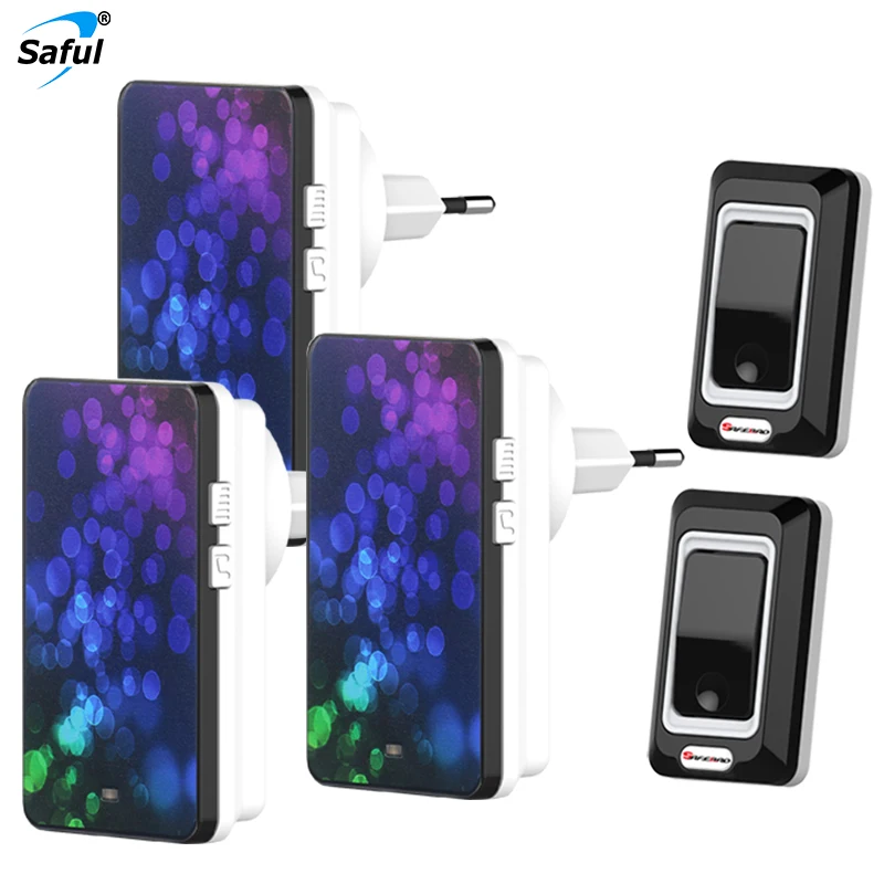 

Saful Hot sale call bell 2 waterproof button+3 EU plug-in receiver electrical bell 28 rings remote for smart door bell wireless
