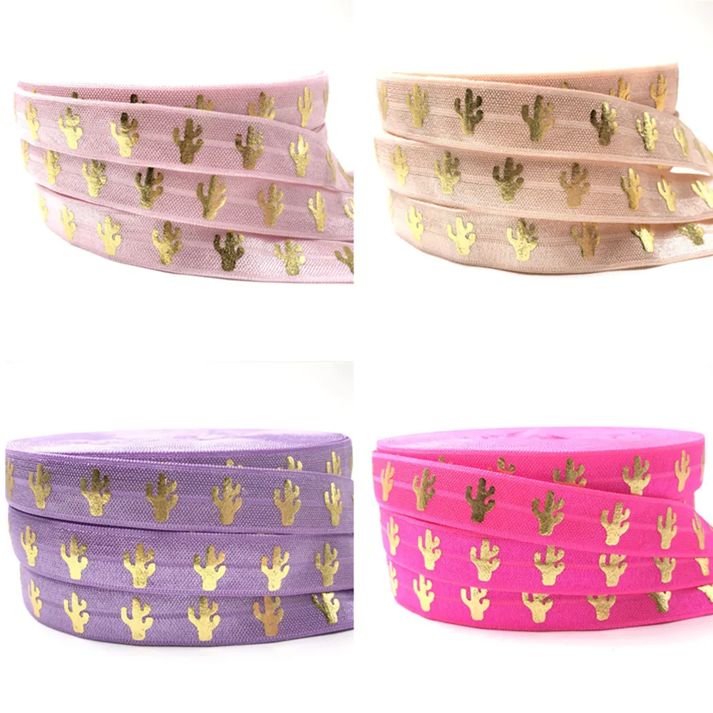 

5/8" (5 yards/lot) gold foil printed foe Cactus fold over elastic ribbons for hair accessories Waist Band