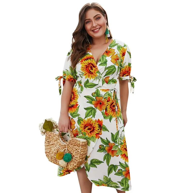 2019 летнее женское платье с подсолнухами Пляжное плюс размер шифоновое Boho платья