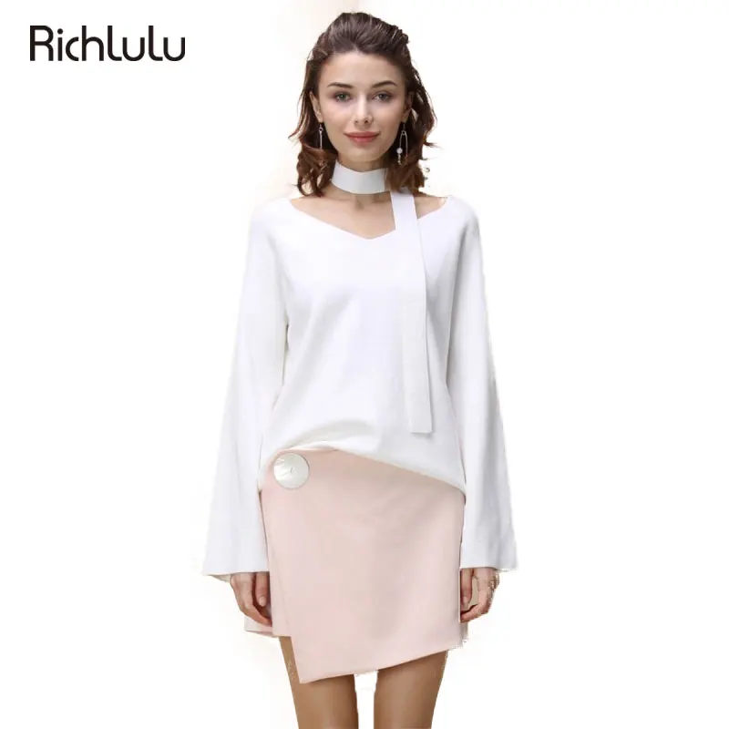 Richlulu Women Knitted Sweaters Flare Sleeve Soft Warm Female Jumper Elegant Pullovers Belt Casual Lady Autumn Winter Tops | Женская