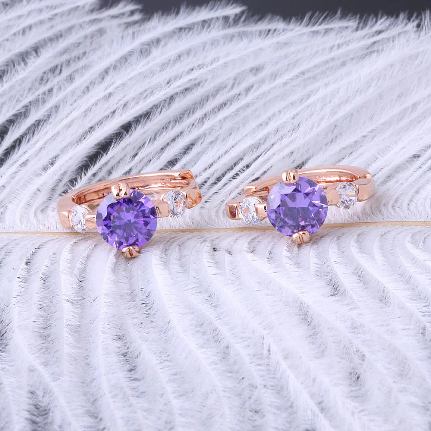 Серьги-пуссеты Love Monologue с фиолетовыми кристаллами CZ и покрытием розовым золотом для свадебного юбилея подарок X0113.