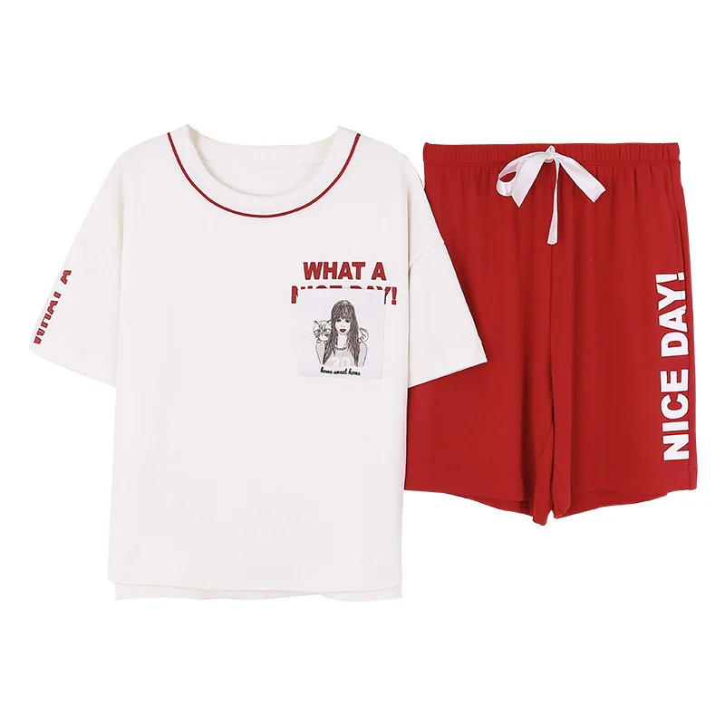 

TOYOOSKY Pyjamas for Women 2019 Fashion 100% Cotton White Red Top+Shorts Grils Ladies Leisure NightWear Drawstring Loungewear