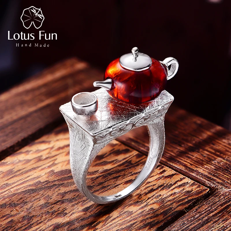 Lotus Fun реальные 925 стерлингового серебра натуральный янтарь кольцо оригинал
