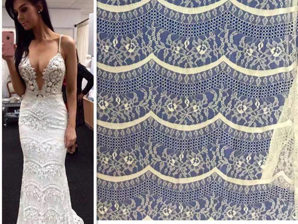 Кружевная ткань для свадебного платья белого цвета с волнистым краем кружевная