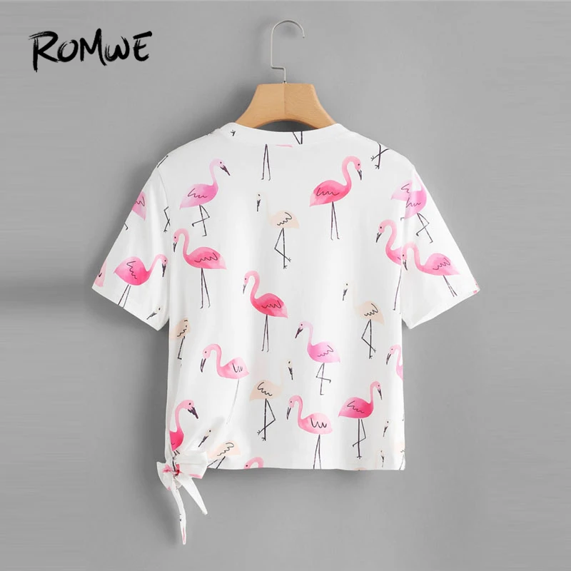 ROMWE/футболка с принтом Фламинго сбоку, летняя футболка с круглым вырезом и изображением животных, белая повседневная женская футболка с коротким рукавом
