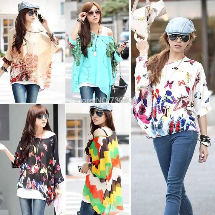 New 2014 Summer Women Bohemian Shirts Blouses Three Quarter Batwing Sleeve Chiffon Tops Large Size Loose Clothing L XL | Женская одежда