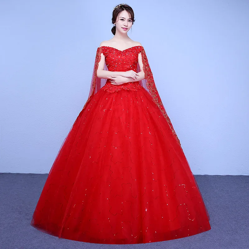 Red White Train VintageWedding Dress 2020 Vestidos De Novia Elegant Boat Neck Lace Gown Appliques Flower Veil Simple Princess | Свадьбы и