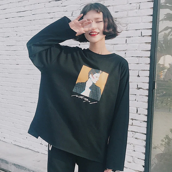 YouGeMan Poleras Mujer весна осень одежда Корейский Ulzzang Harajuku персонаж печати с длинным