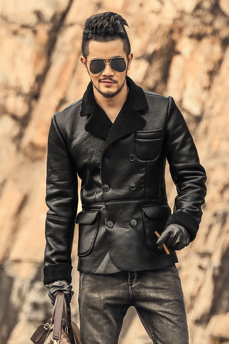 

2016 Artificial leather Jacket Men Brand men's slim double breasted jacket leather coat fur collar thick warm winter Windbreaker