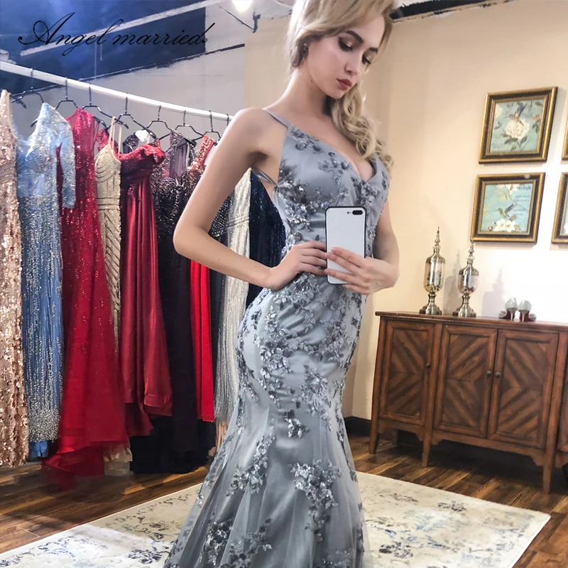 Женское вечернее платье Angel Серебряное Вечернее с открытой спиной аппликация для