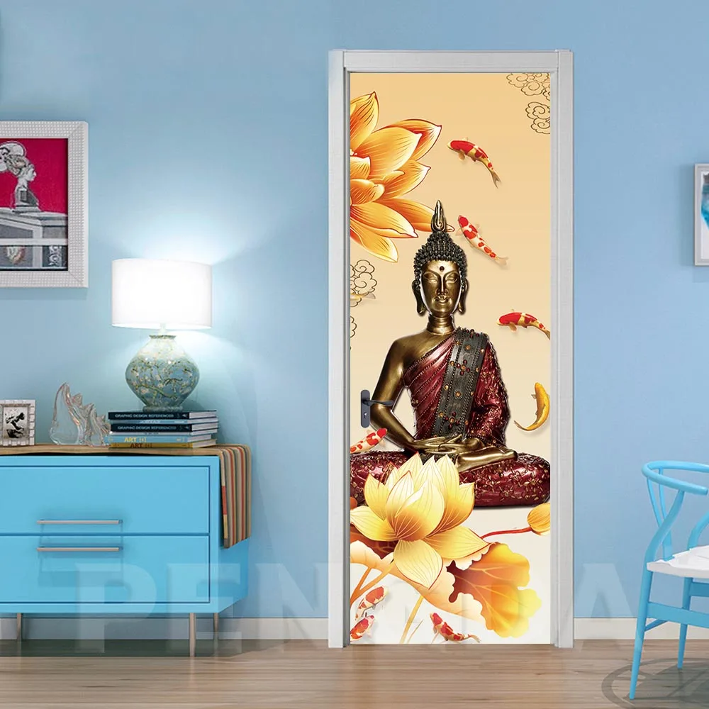 3D холст домашний декор дверь Будда Цветок самоклеящиеся наклейки ПВХ постер