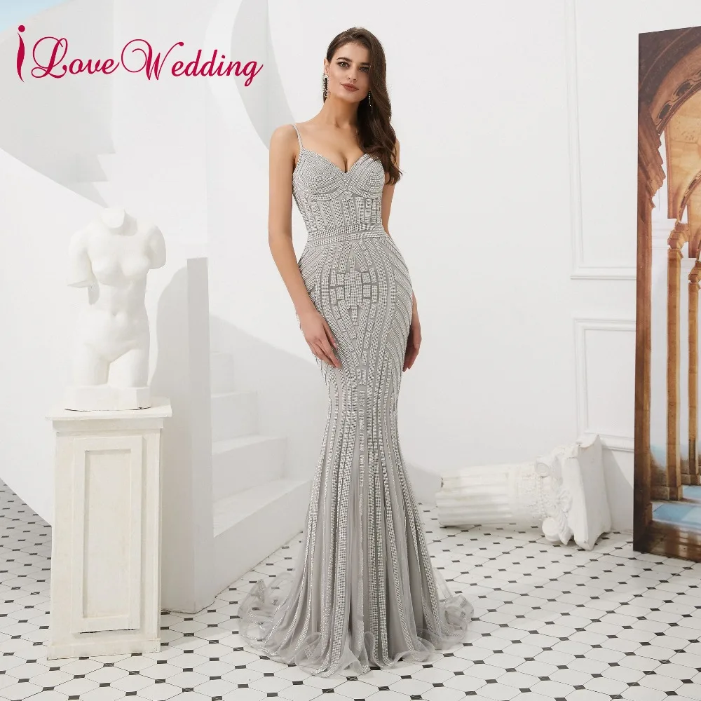 ILoveWedding Vestido de festa 2020 великолепный v образный вырез на тонких бретелях серого цвета