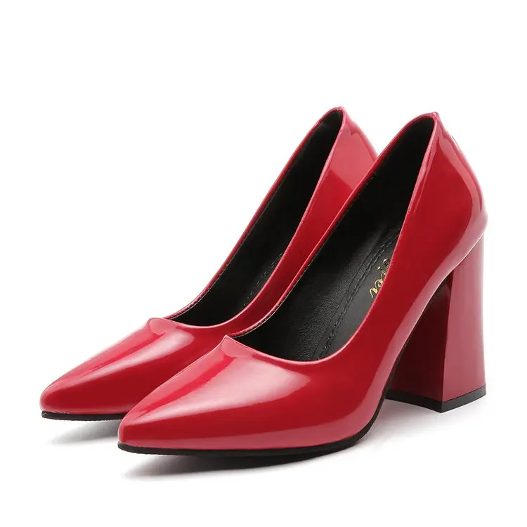 9cm red pump La MaxPa/Размеры 35-40; свадебные туфли; женские кожаные туфли-лодочки на толстом каблуке 7 см, 9 см; офисные женские Вечерние туфли на высоком каблуке; красные лаконичные туфли-лодочки - Цвет: 9cm red pump