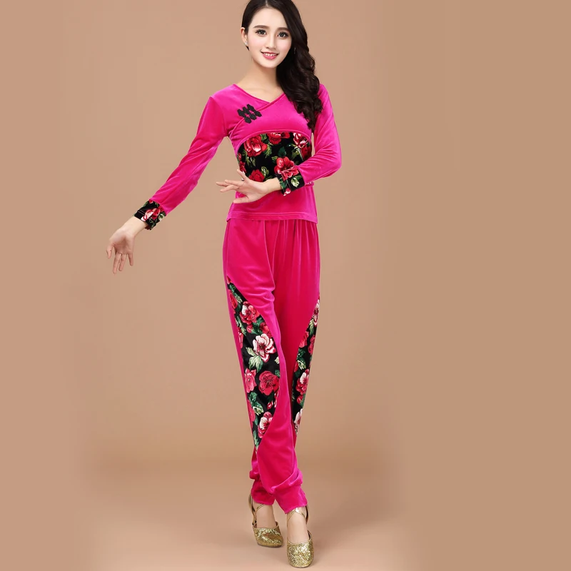 

M-6XL New Square Dance Clothing Autumn Winter Warm Thicken Fashion Dancing Clothes Top+Skirt/ Pant 2pc Suits Plus size
