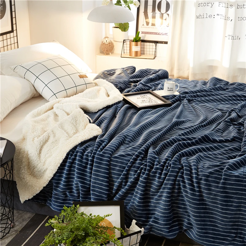 

Simple Navy Blue Striped Double Layers Sherpa Blanket Throw Plush Warm Sleeping Blanket for Autumn Winter Plaids Blanket for Men