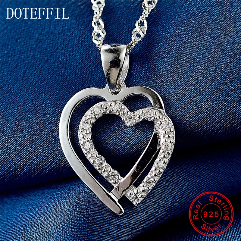 Женское ожерелье из серебра 925 пробы с кулоном в виде двух сердец|women jewelry|chain