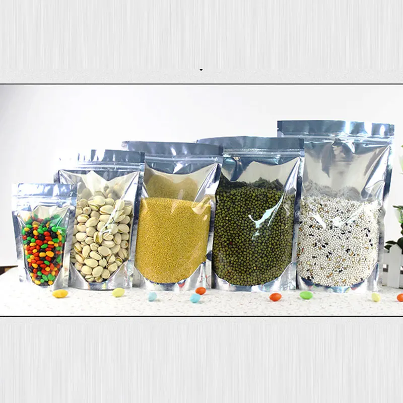 

50pcs Stand up Clear Aluminium Foil Zip Lock Bag Silvery Metallic Plastic Packaging Pouch for Food Tea Candy Snack Storage Bags