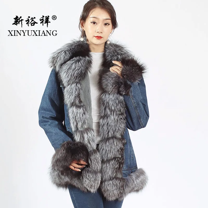 XINYUXIANG 2018 модные серые джинсовые куртки с натуральным лисьим мехом верхняя одежда