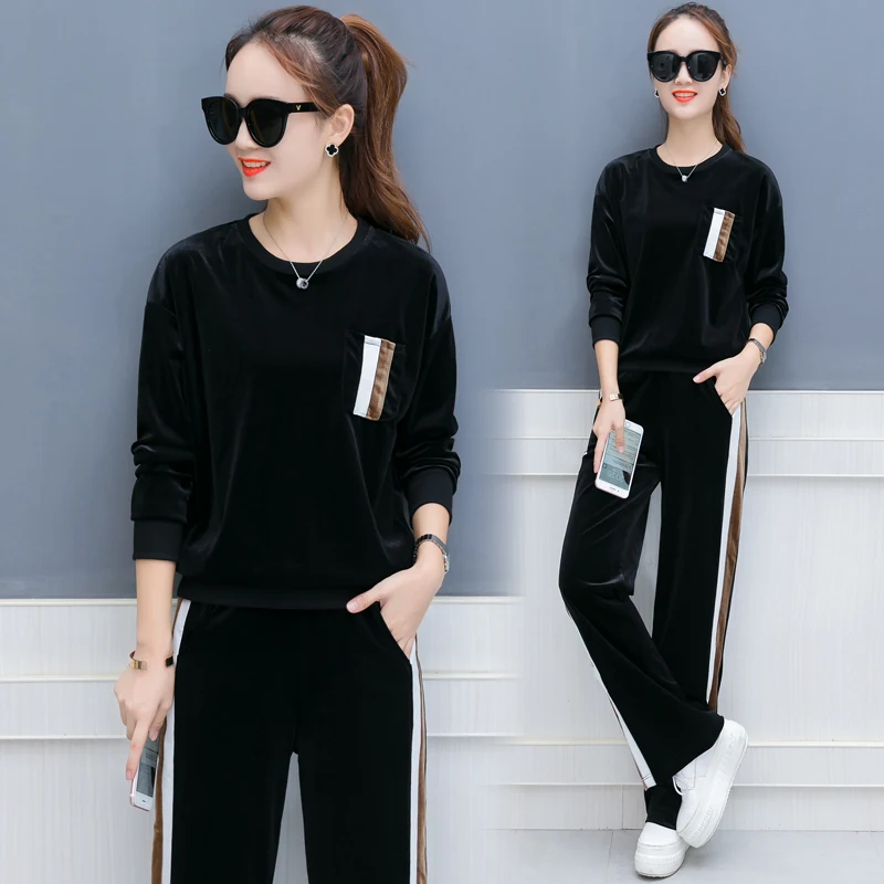 

wide-legged pants velvet suit new women autumn round collar long-sleeved fleece two-piece clothing set pullovers hoodies top