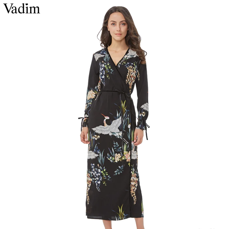 Vadim flower crane pattern maxi wrap dress v neck retro sashes bow tie long sleeve vintage bird chic loose casual Vestidos | Женская