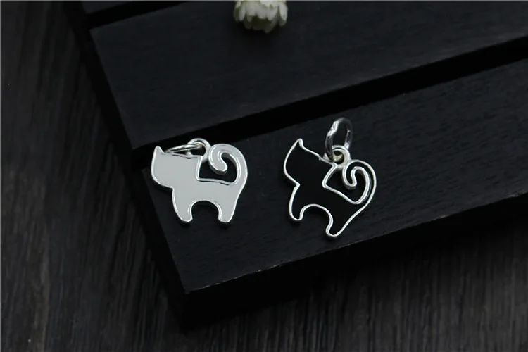 S925 sterling silver DIY handmade Epoxy kitten pendant jewelry accessories Cartoon cute black cat white bracelet | Украшения и