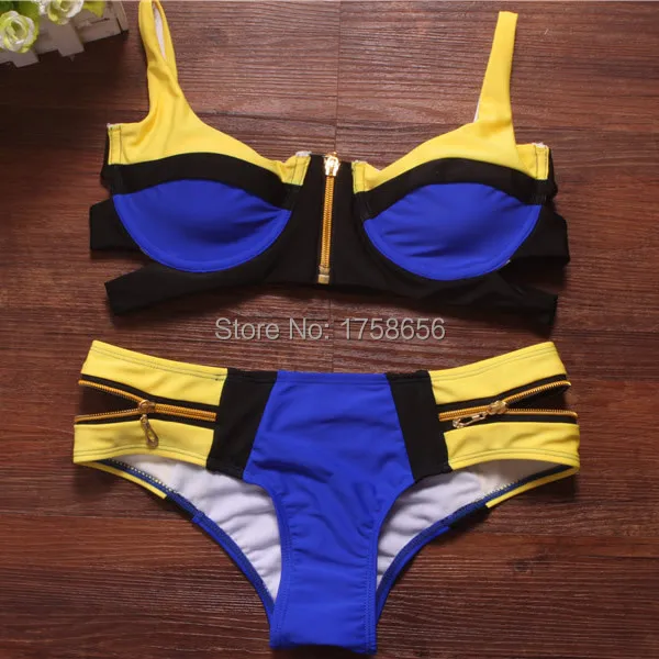 2014 Bandage Bra Padded Bikini Women Swimwear Neon Color Zipper Swimsuit Push Up Bathing Suit Bikinis Set |