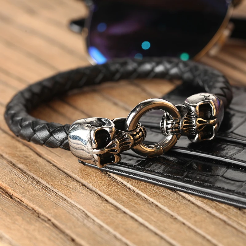 Браслеты mcllroy Кожаный Плетеный титан сталь двойной скелет Винтаж Стиль человек