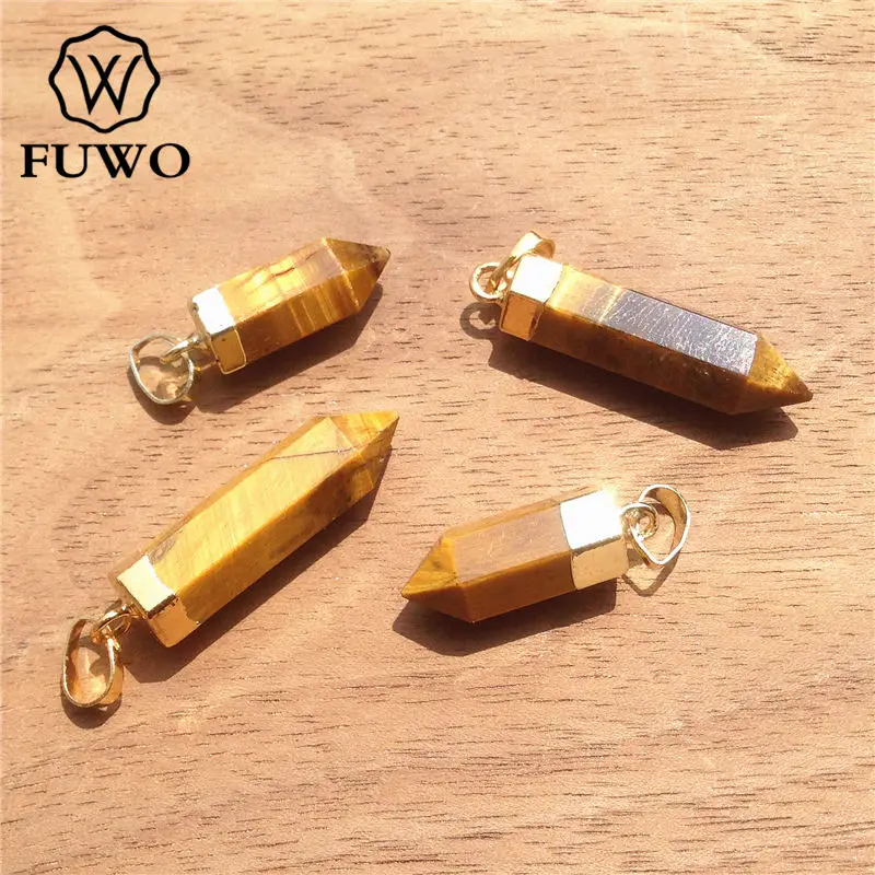 FUWO тигровый глаз камень точка кулон 24K золото Гальваническое Высокое качество