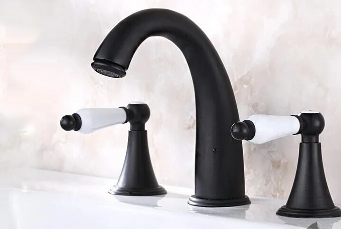 

Black Oil Rubbed Brass Dual Ceramics Levers Handles Widespread 3 holes Bathroom Vessel Sink Faucet Cold/Hot Water Tap anf316