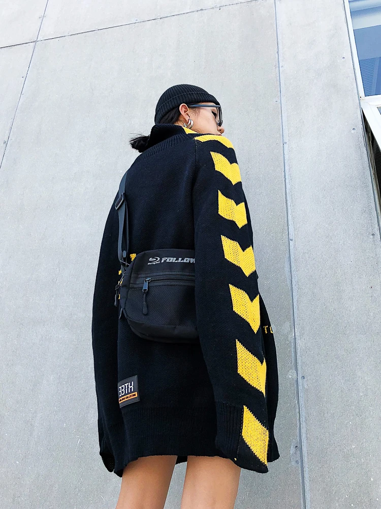 Lovers sweater BF Guochao Street arrow stripes loose oversize knock cool wear high collar knitting on both sides sweaters | Женская