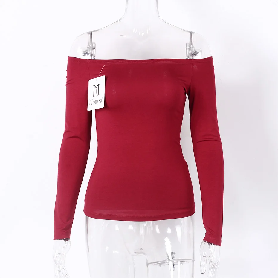 wine red long С Плеча Топы Женщины Новые Поступления Длинным Рукавом Хлопок футболка Женщины Повседневная Slim Fit Женские Футболки Sexy Футболки черный - Цвет: wine red long