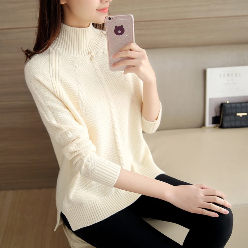 Black Sweater Fashion Women Winter Half Turtleneck Long Sleeve Slim Knitted Sweaters Female Tops Pullovers Beading White Women's |