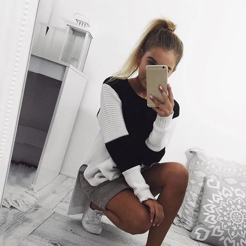 Sweaters Fashion 2018 Women O-Neck Long Sleeve Contrast Color Patchwork Knitted Sweater Pullover Autumn Winter Ladies Knitwear | Женская