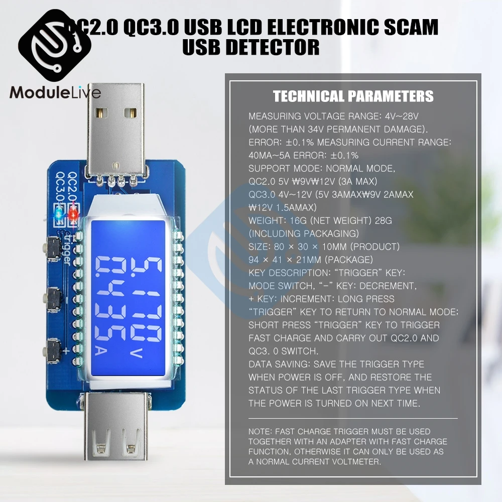 USB детектор ЖК-цифровой дисплей измеритель напряжения тока тестер быстрое зарядное устройство триггер Амперметр Вольтметр поддержка QC2.0 QC3.0 4 В~ 28 в