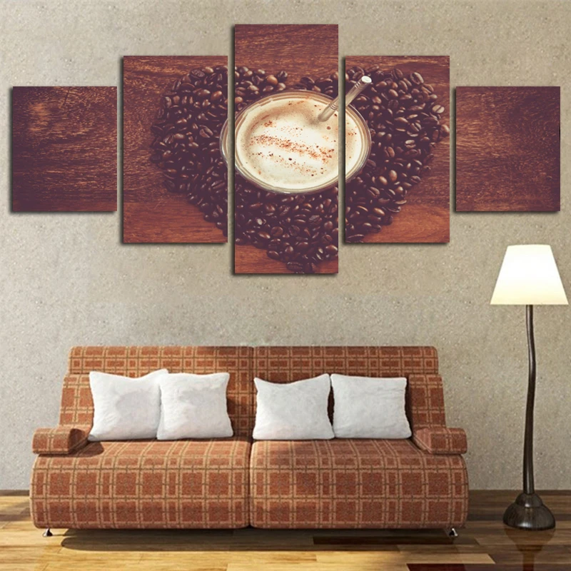 Canvas Art Wall Modern Artwork Popular Pictures For Living Room Framework 5 Panel Coffee Beans Drink Home Decor Painting | Дом и сад
